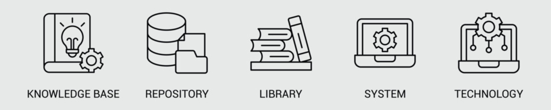 Knowledge Base and Digital Library Web Icon Set Vector Illustration Concept with Icons of Knowledge Base, Repository, Library, System, and Technology