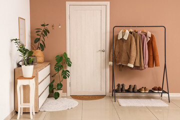 Cozy modern entryway interior with coat rack, autumn jackets, shoes, houseplants and wooden door in warm beige hallway at home © Pixel-Shot