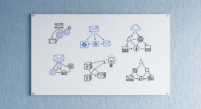 Minimalist whiteboard mounted on a blue textured wall, featuring six different hand-drawn business flowcharts, icons, and diagrams in blue and black ink