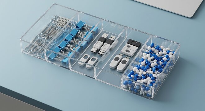 Clear acrylic desk organizer filled with neat rows of office supplies including silver paperclips, blue binder clips, USB flash drives, and blue and white pushpins