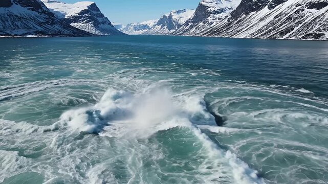Powerful Whirlpool Forms in Arctic Waters Amidst SnowCapped Mountains.