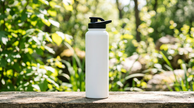 White reusable water bottle outdoors.