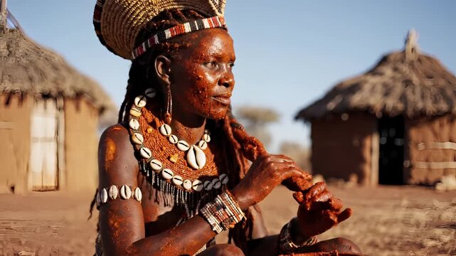 Traditional African Woman in Village Preparing Natural Pigments for Body Art.
