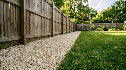 Fototapeta premium Backyard Landscaping with Wooden Privacy Fence and Pea Gravel Border | Manicured Green Lawn and Garden Design | Outdoor Living Space for Home Improvement | Professional Yard Maintenance Services