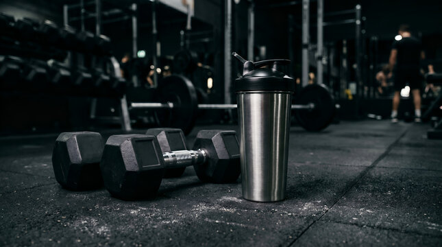 Fitness gym equipment with dumbbells and bottle.