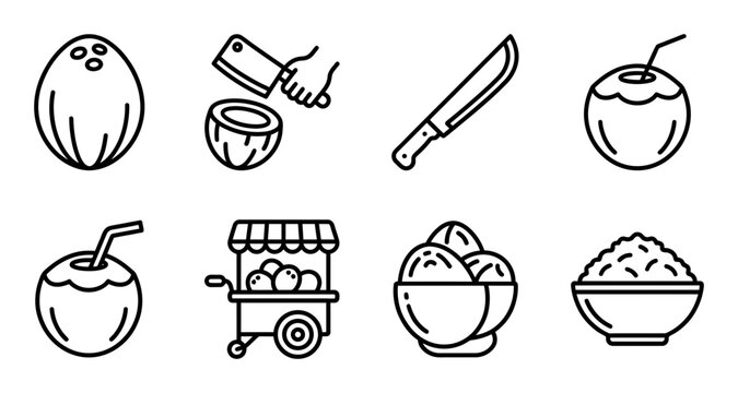 Fresh fruit icons, line art, black and white, 8 elements, vector graphics