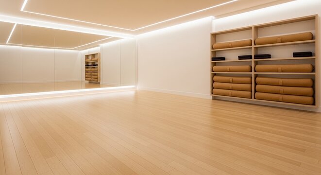 Modern empty dance or yoga studio with warm lighting