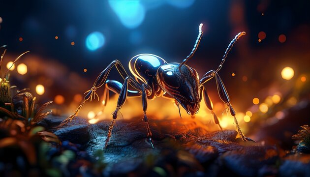 glowing ant dark ground close up nature digital art