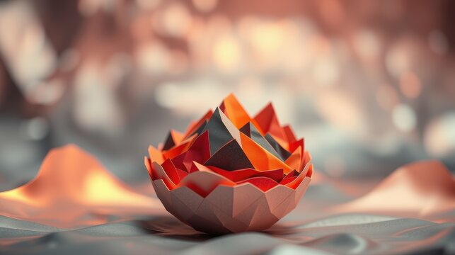 Abstract polygonal flower, warm colors, soft lighting. Dramatic composition, blurred background creates depth. Minimalist design, modern aesthetic.