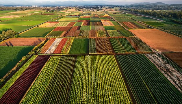 aerial top view of mixed vegetable fields neatly divided crop sections forming a colorful patchwork ideal for copy space