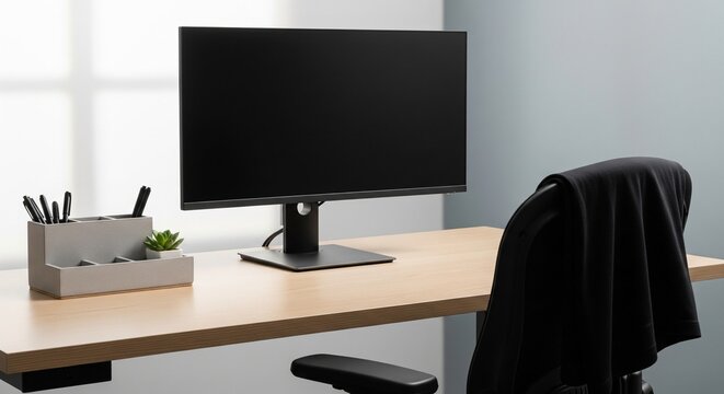 A side view of a minimalist wooden desk with a black computer monitor, a modern desk organizer with pens and a small succulent, and an office chair in a bright