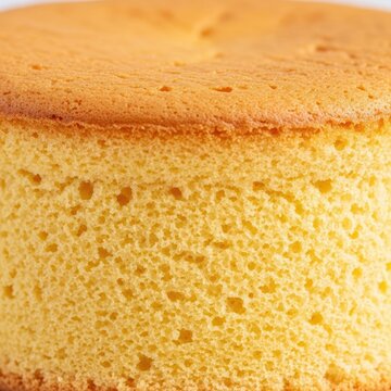 Close up texture shot of a freshly baked, light golden sponge cake showing its airy, fluffy structure perfect for layering and dessert preparation, cooking, tender, delicate