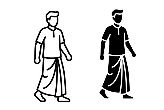 Traditional Indian men, walking silhouettes, dhoti clothing, black and white icons