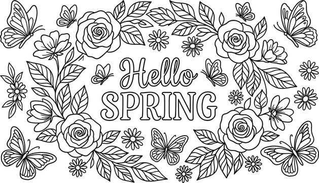 Hello spring coloring page vector illustration with beautiful rose flowers wreath frames and butterflies outline black white