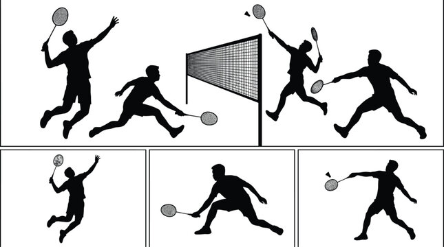 PrintBlack silhouette badminton players in dynamic action poses with rackets and sports competition, athletic training, and fitness movement concept