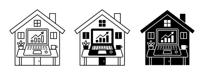 Fototapeta premium 3 Home office silhouette icons, house with people working on laptop, business, solid black style, workspace