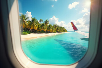 Fototapeta premium Tropical Island From Airplane Window. Aerial Ocean Island View. Summer Travel Destination Scene.