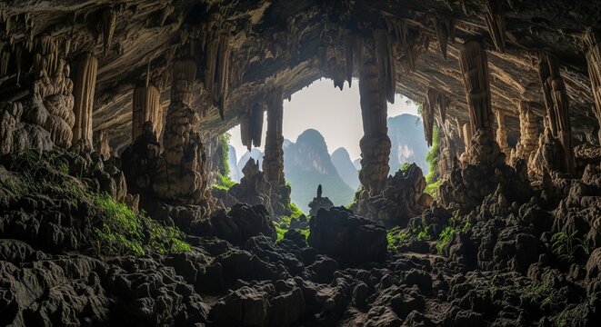 Interior view of a massive limestone cave with stalactites looking out towards distant green mountains