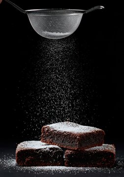 Dusting the surface of moist, dark chocolate brownies with a fine layer of white powdered sugar for sweet dessert presentation, surface, powdered, sweet