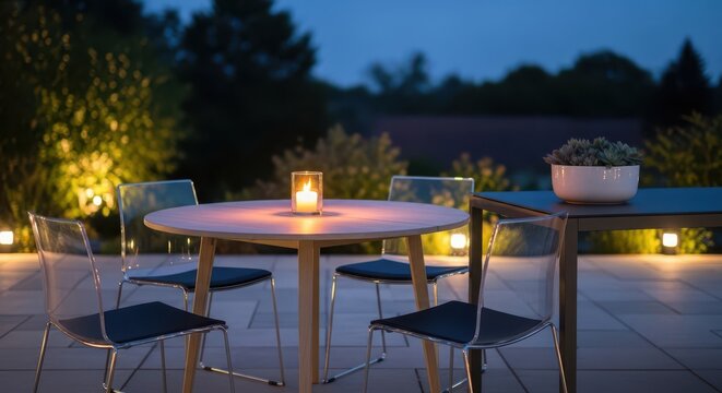 Evening outdoor dining setup with warm lighting and modern furniture arrangement