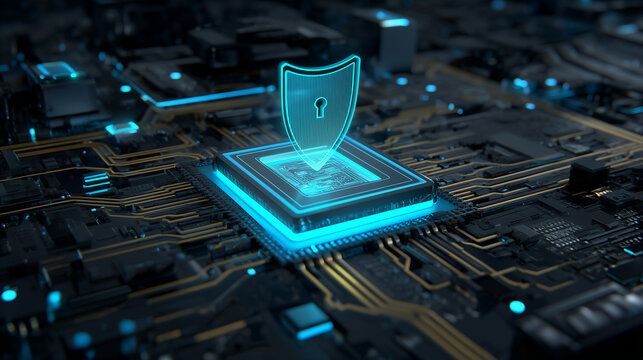 Glowing lock shield above blue processor on dark motherboard, cyber security protection system, encrypted data, secure computing, AI chip defense and digital privacy concept lock s