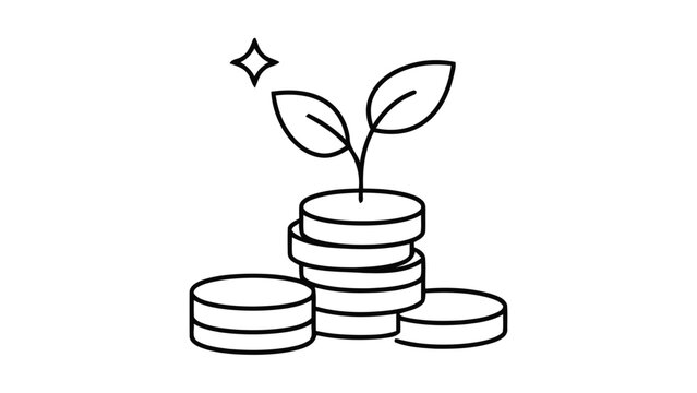 Minimalist Line Art Vector of Plant Seedling Growing from Coin Stacks