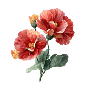 Vibrant red hollyhock blooms isolated on transparent background
