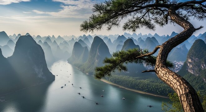 Pine tree overlooking a river winding through karst mountains.