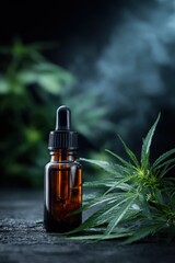 Fototapeta premium Amber glass dropper bottle with cannabis leaves and soft atmospheric lighting