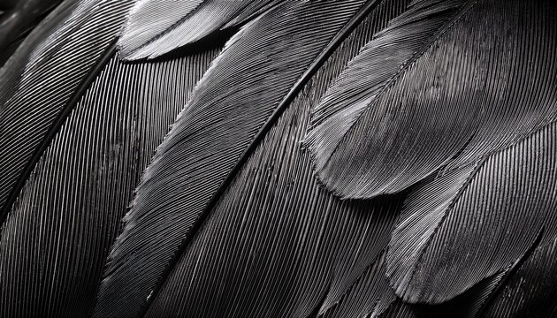 detailed monochrome macro view captures the texture of dark avian flight feathers