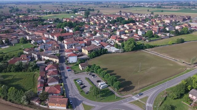 Drone view of Giussago, a small town in the province of Pavia, Italy.