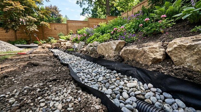 Implementing a french drain system with river rocks in a backyard landscaping project