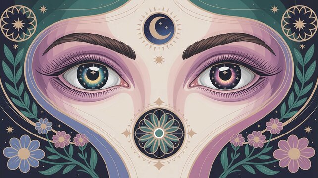 Close up of mystical female eyes featuring celestial star motifs and intricate floral patterns in a vibrant digital art style