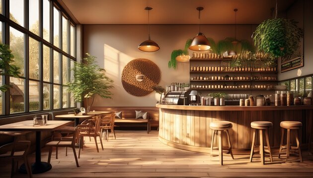 a warm toned coffee shop interior with eco friendly decor and 3d rendered coffee beans