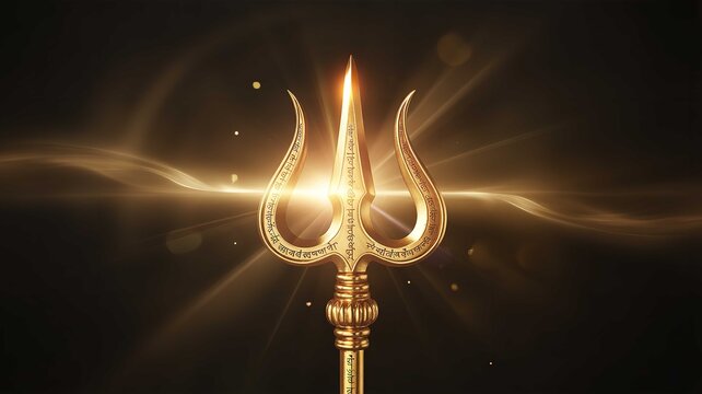 Golden trishula shining with divine light featuring intricate sacred inscriptions on a dark background in this high quality artistic render