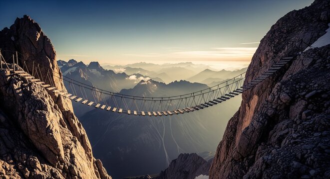 Suspension rope bridge hanging between two high rocky mountain peaks