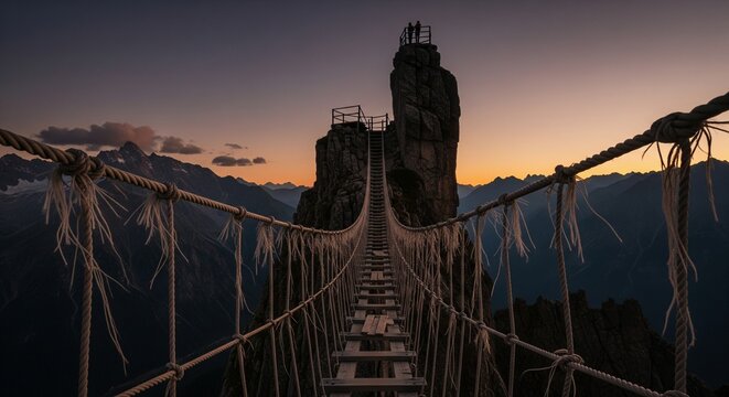 A narrow wooden suspension bridge leading to a high, steep rock peak with a small observation deck, shot at sunset with a colorful orange sky