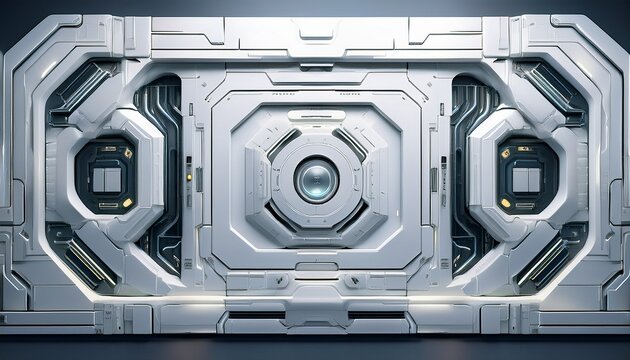 futuristic sci fi background wall white panelled surface with modular sections embedded section and functions integrated into the wall structure