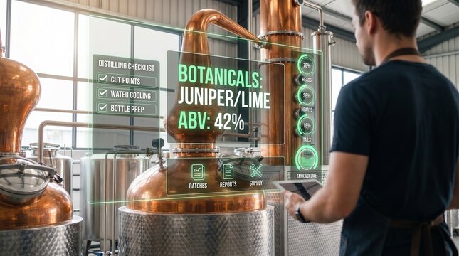 Distiller using digital tablet to monitor copper still with augmented reality interface showing botanical ingredients and alcohol levels