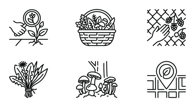 Gardening icons, vegetable garden symbols, plant and flower illustrations, agriculture signs