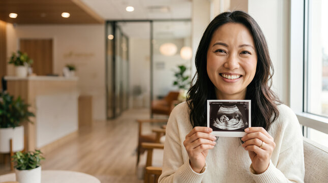 Asian woman smiling while holding ultrasound image in a bright, modern fertility clinic with soft furnishings and plants in the background