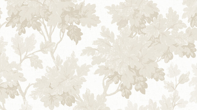A seamless, distressed floral pattern featuring light beige leaves and branches against a textured white background.