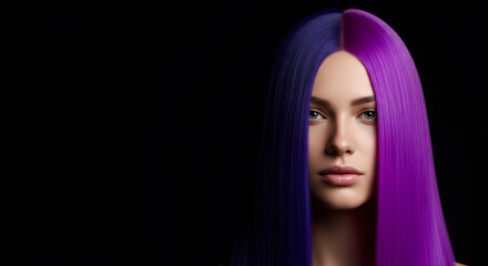 Fototapeta premium Beautiful Woman with Long Purple and Blue Hair | Split Color Hairstyle Fashion Portrait | Creative Hair Dye Trends and Professional Beauty Care | Sleek Straight Hair Model on Black Background