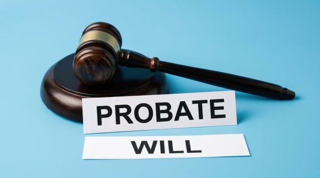 Probate and will legal concept, wooden judge gavel on blue background, inheritance law and estate planning documents with court mallet