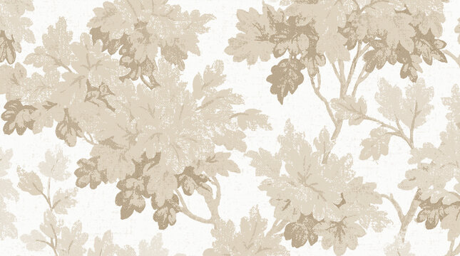 A rustic, textured wallpaper design showcasing taupe and tan leaf motifs scattered across a distressed white surface.