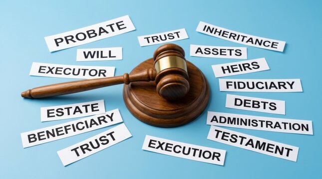 Probate law and estate planning concept, wooden judge gavel with legal terms on paper slips, inheritance and will administration on blue background