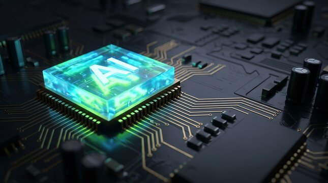 Artificial Intelligence Processor on advanced circuit board, symbolizing future deep learning and smart computing for global digital transformation innovation.