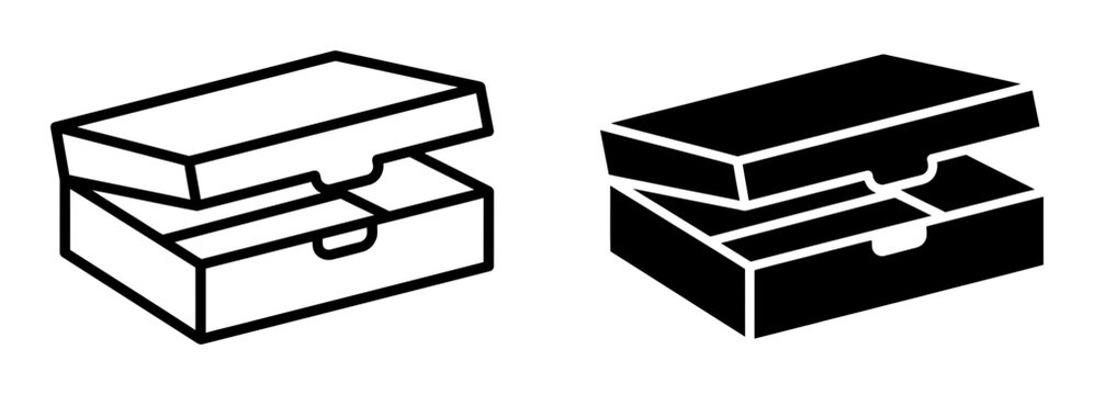 Black and white box icons, opening boxes, rectangular containers, line art