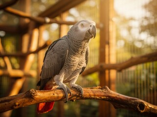 Obraz premium Intelligent African Grey Parrot Perched on Branch with Avocado