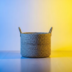 Fototapeta premium Natural woven fiber storage basket designed for organizing domestic spaces, providing essential storage solutions in a minimalist interior area, wood, jute, domestic